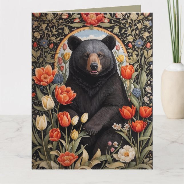 Black Bear Colorful Tulip Flowers Kort (Framsida)