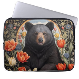 Black Bear Colorful Tulip Flowers Laptop Fodral