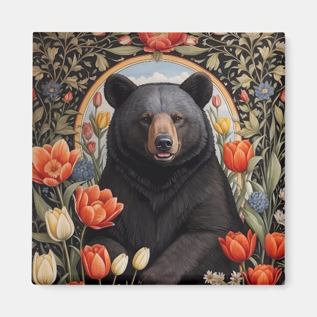 Black Bear Colorful Tulip Flowers Magnet (Framsidan)
