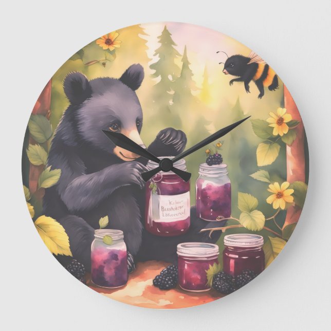 Black Bear gathering blackberry jam Stor Klocka (Framsida)