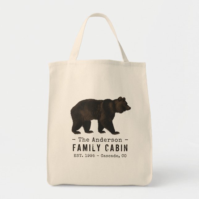 Black Bear i Family Namn Cabin Rustic Brown Tygkasse (Framsidan)