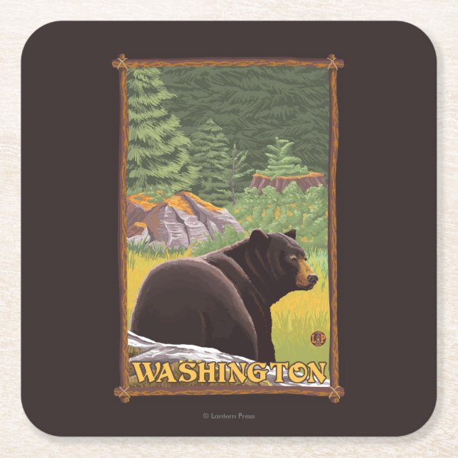 Black Bear i Forest - Washington Underlägg Papper Kvadrat (Framsidan)