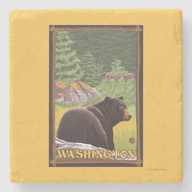 Black Bear i Forest - Washington Underlägg Sten (Framsidan)