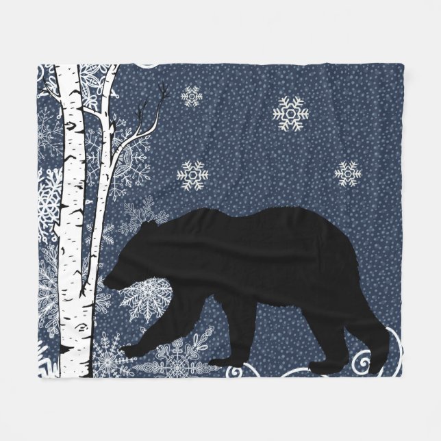 Black Bear i Winter Birch Forest Fleece Blanket (Framsidan (Horisontell))