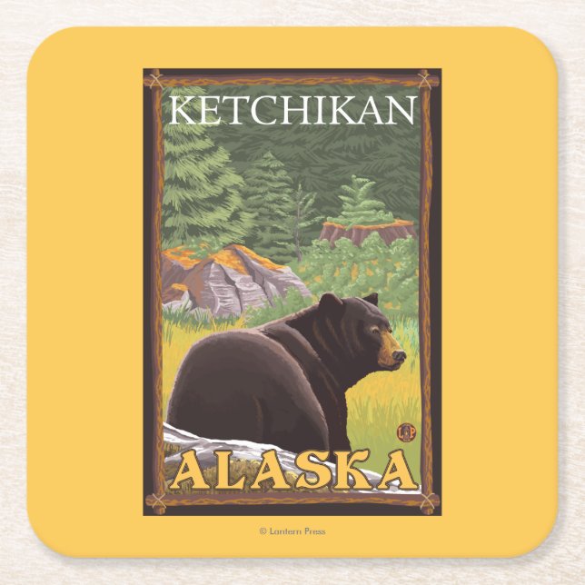 Black Bear in Forest - Ketchikan, Alaska Underlägg Papper Kvadrat (Framsidan)