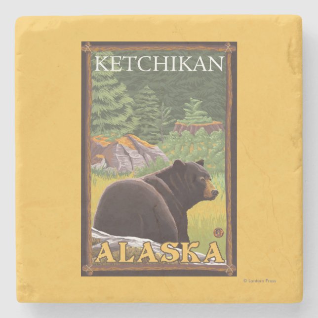 Black Bear in Forest - Ketchikan, Alaska Underlägg Sten (Framsidan)