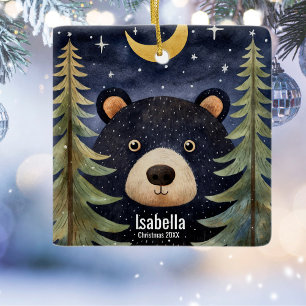 Black Bear Night Måne Skogen Julgransprydnad Keramik
