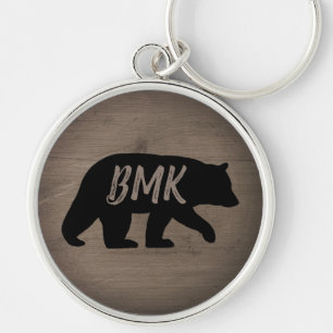 Black Bear Silhouette Personlig Monogram Rund Silverfärgad Nyckelring
