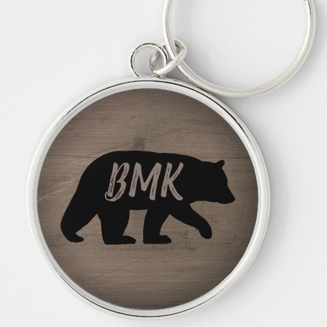 Black Bear Silhouette Personlig Monogram Rund Silverfärgad Nyckelring (Framsidan)