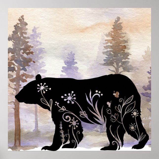 Black Bear Wall Art, Silhoutte Bear Poster (Framsidan)