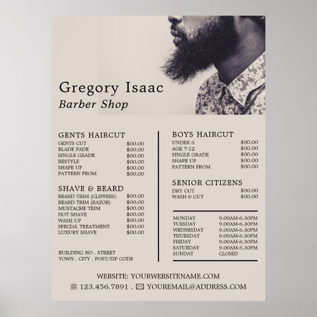 Black Beard Model, herrfrisör Prislista Poster (Framsidan)