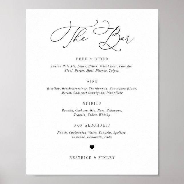 Black Beatrice Script Elegant bröllop Pub Menu Poster (Framsidan)