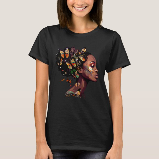 Black Beautiful African Queen Butterfly Hair Fun M T Shirt (Framsida)