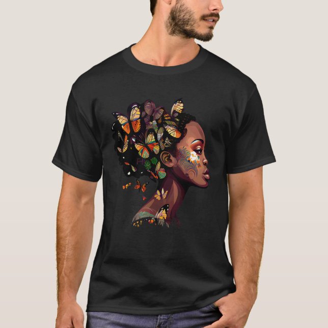 Black Beautiful African Queen Butterfly Hair Fun M T Shirt (Framsida)