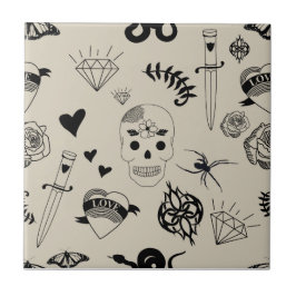 Black & Beige Hand plockade Tattoo Mönster Kakelplatta