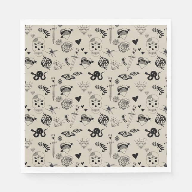 Black & Beige Hand plockade Tattoo Mönster Pappersservett (Framsidan)