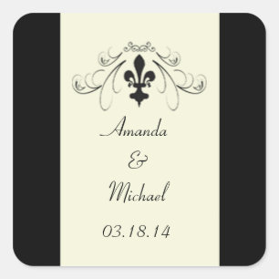 Black Benvit Fleur de Lis Wedding Stickers Fyrkantigt Klistermärke
