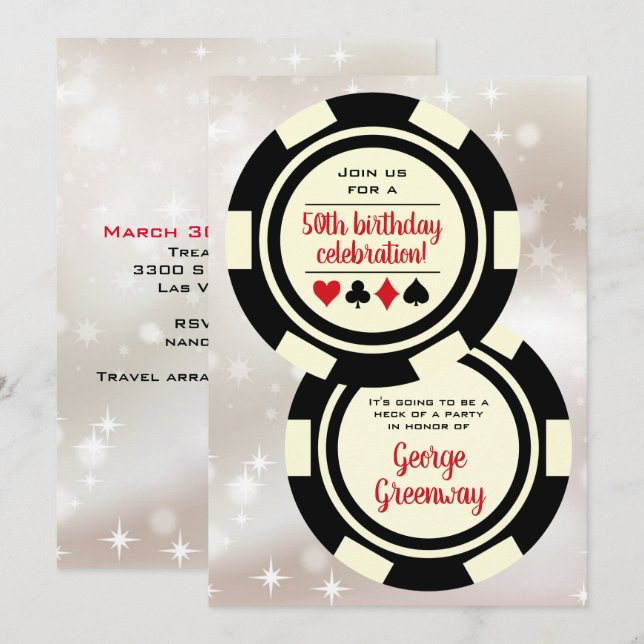 Black Benvit Poker Chip Las Vegas Birthday Inbjudningar (Fram/baksida)