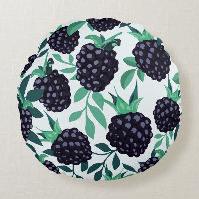 Black Berry Tropical: Fruit Seamless Mönster Rund Kudde (Framsidan)