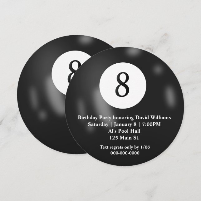 Black Billiard Åtta Boll Födelsedagsfest Inbjudningar (Fram/baksida)
