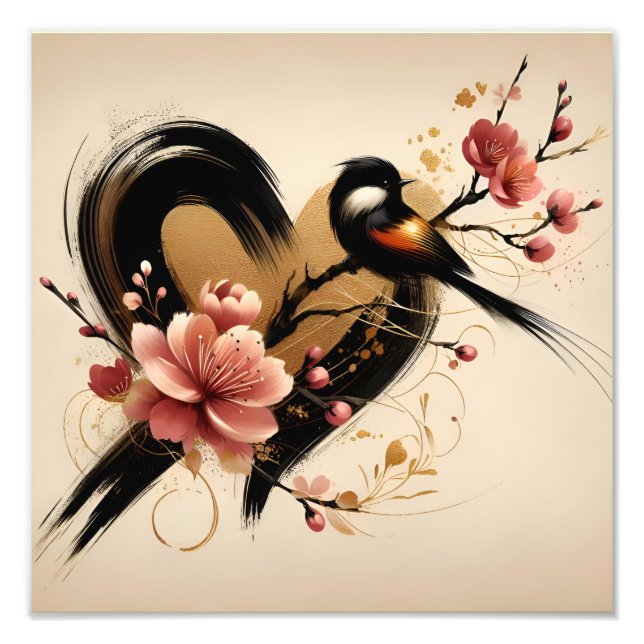 Black Bird and Cherry Blossom Heart Fototryck (Framsidan)