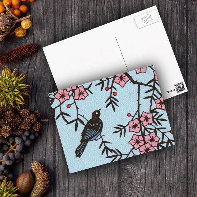 Black Bird Cherry Blommar Träd Vykort (Cute black bird in tree pink cherry blossoms on light blue postcard.)
