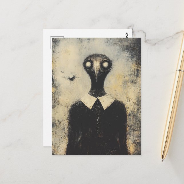 Black Bird in a Black Dress Horror Fantasy Vykort (Fram/Back In Situ)