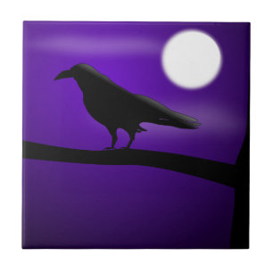 Black Bird vid Gren Lila Himmel Full Moon Kakelplatta