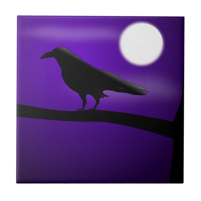 Black Bird vid Gren Lila Himmel Full Moon Kakelplatta (Framsidan)