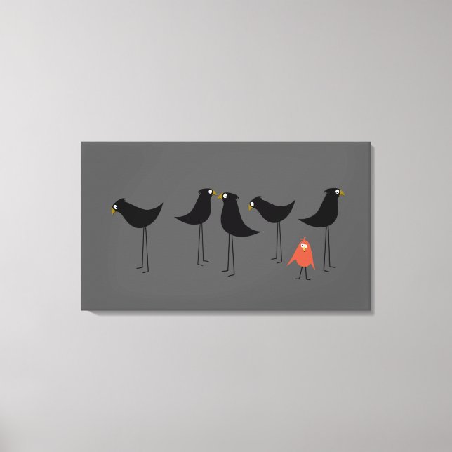 Black Bird Visitor, Grått-bakgrund Canvastryck (Framsida)