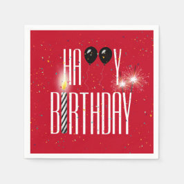 Black Birthday Balloons and Sparklers on Red Pappersservett