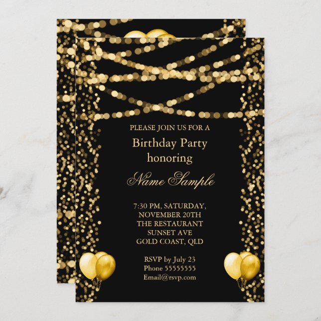 Black Birthday, Glitter Faux Foil Guld Bubons Inbjudningar (Fram/baksida)