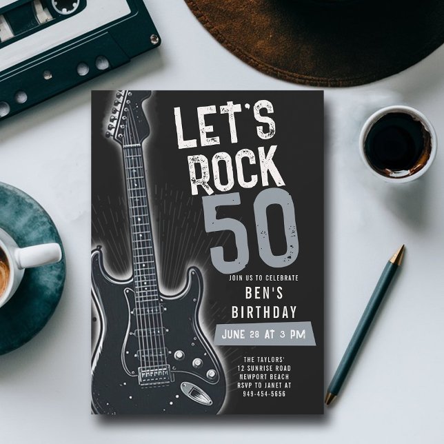 Black Birthday, låt oss Sten Electric Guitar Vuxen Inbjudningar (music fest rock adult birthday party invitation men modern classy fun black white electric guitar)