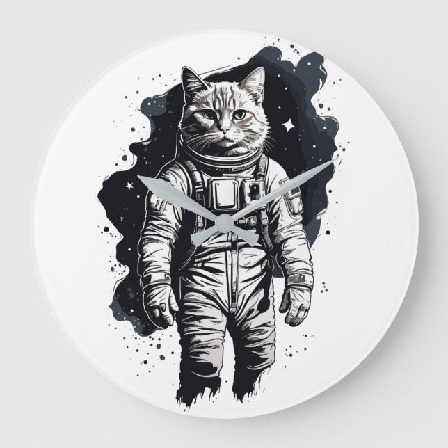 Black Bläck Astronaut Cat Design Stor Klocka (Framsida)