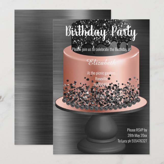 BLACK BLACK BLACK CAKE BIRTHDAY-INBJUDAN ro Inbjudningar (Fram/baksida)