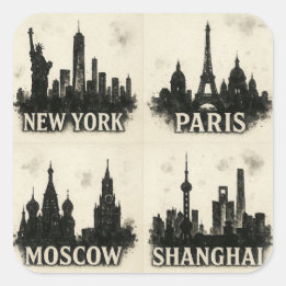 Black Bläck City Skylines - New York, Paris, Moskv Fyrkantigt Klistermärke