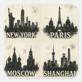 Black Bläck City Skylines - New York, Paris, Moskv Fyrkantigt Klistermärke
