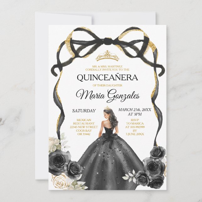 Black Blommigt Bow Princess Guld Krona Quinceañera Inbjudningar (Framsida)