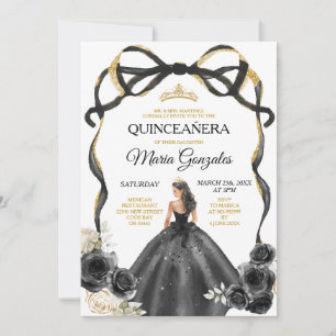 Black Blommigt Bow Princess Guld Krona Quinceañera Inbjudningar