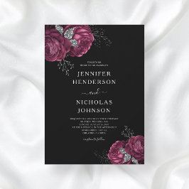 Black Blommigt Burgundy Peonies Bröllop Inbjudningar