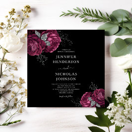 Black Blommigt Burgundy Peonies Bröllop Inbjudningar