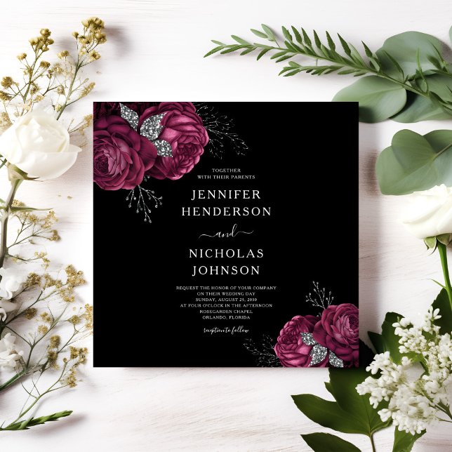 Black Blommigt Burgundy Peonies Bröllop Inbjudningar (Black Floral Burgundy Peonies Wedding Invitation)