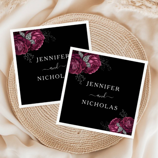 Black Blommigt Burgundy Peonies Bröllop Pappersservett (Black Floral Burgundy Peonies Wedding Napkins)