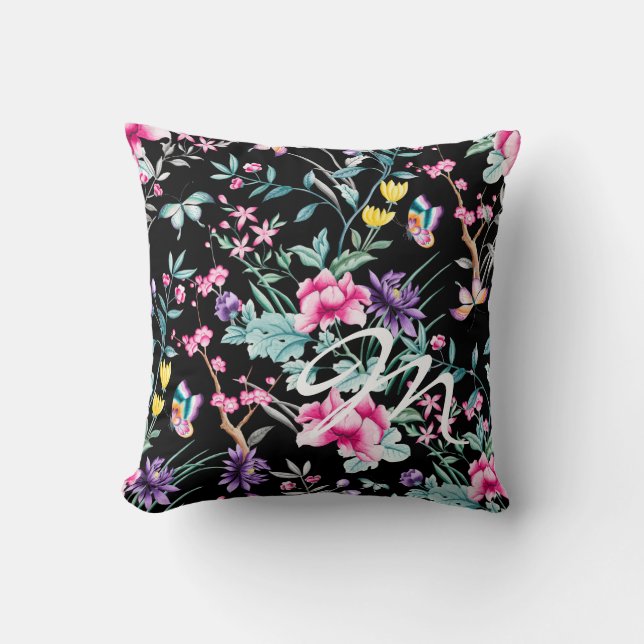Black Blommigt & Butterfly Monogram Dekorativ kudd Kudde (Framsida)