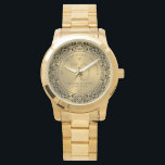 Black Blommigt Circle 50:e Bröllop-årsdagen Armbandsur<br><div class="desc">Svartvit blommigt på guld tonbakgrund,  anpassadets bröllop-årsdag i guld. Att fira 50 år av anpassade från lycklig minnen.</div>