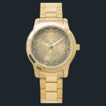 Black Blommigt Circle 50:e Bröllop-årsdagen Armbandsur<br><div class="desc">Svartvit blommigt på guld tonbakgrund, anpassadets bröllop-årsdag i guld. Att fira 50 år av anpassade från lycklig minnen.</div>