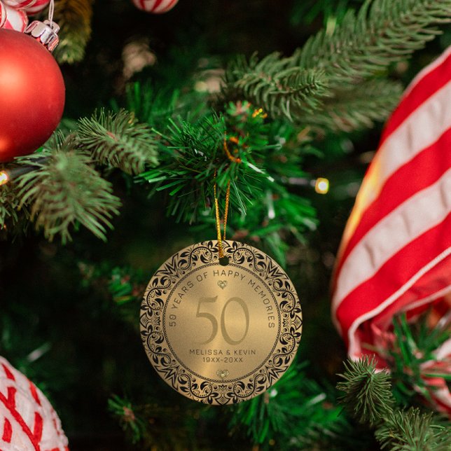 Black Blommigt Circle 50:e Bröllop-årsdagen Julgransprydnad Keramik (Skapare uppladdad)