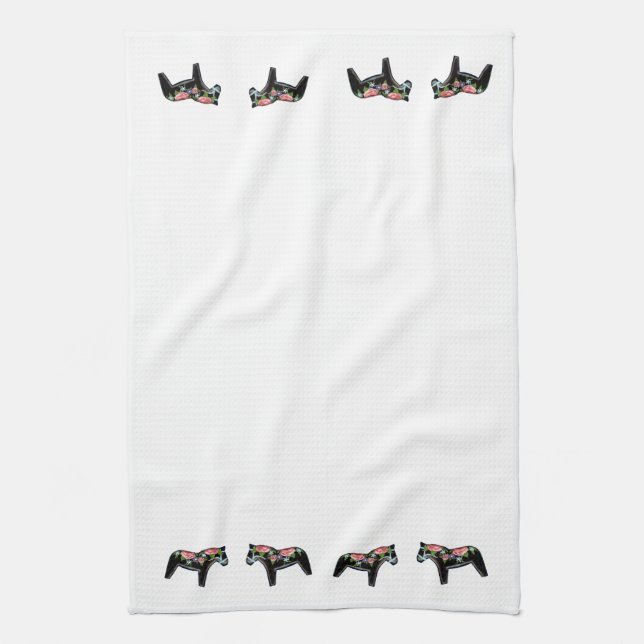 Black Blommigt Dala Horse MoJo Kitchen towel Kökshandduk (Vertikal)