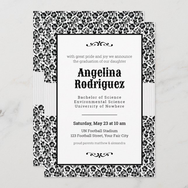 Black Blommigt Damask Photo Studenten Inbjudningar (Fram/baksida)