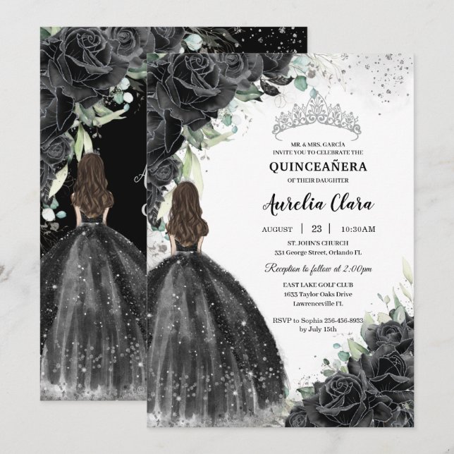 Black Blommigt Dress Silver Quinceañera Sweet 16 X Inbjudningar (Fram/baksida)